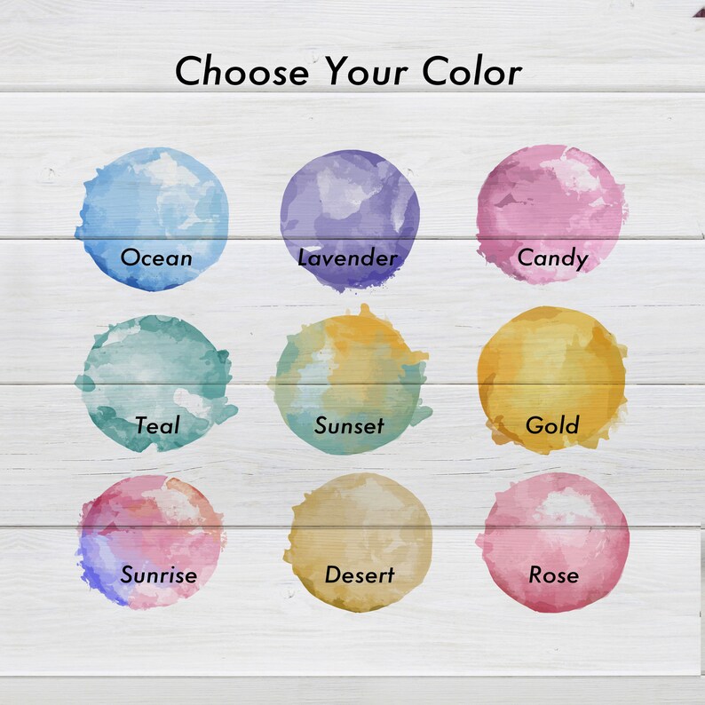 May include: Nine watercolor swatches in different colors, including ocean, lavender, candy, teal, sunset, gold, sunrise, desert, and rose. Choose your color.