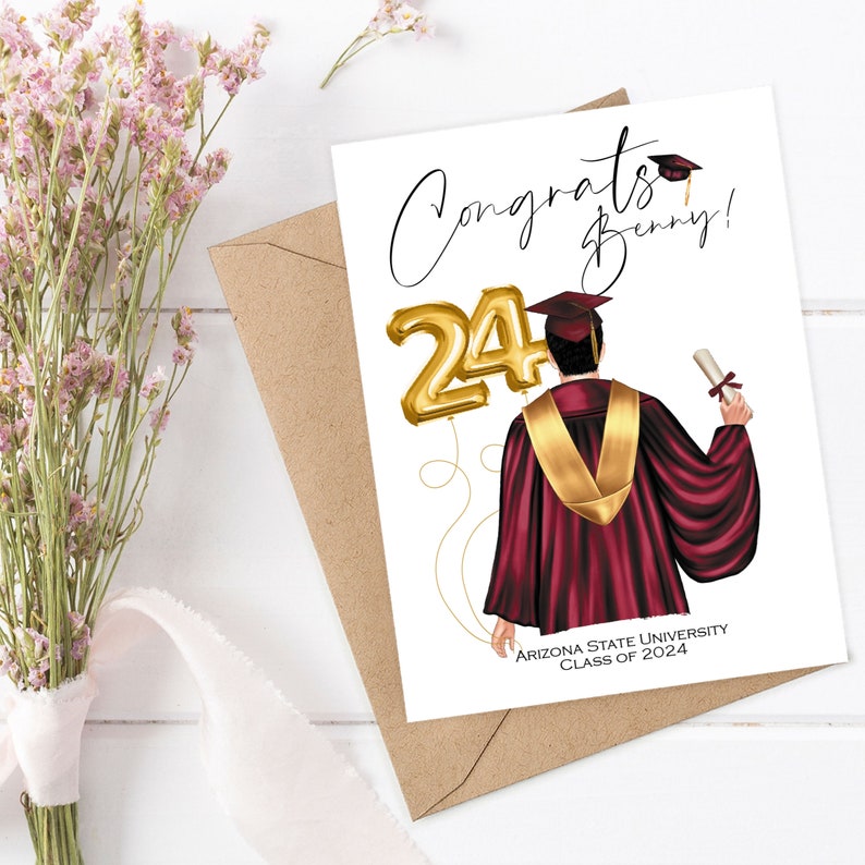 May include: A graduation card with the text "Congrats Benny!" and a depiction of a graduate in a maroon robe and gold stole holding a diploma. Gold number 24 balloon. The card is on a brown envelope with flowers.