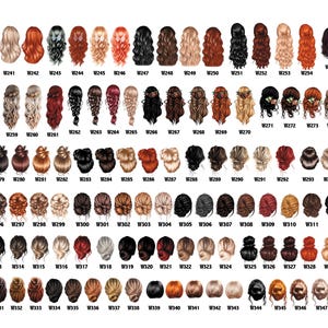 May include: A collection of illustrations of women's hairstyles, each with a unique color and style. The hairstyles range from long, flowing locks to intricate updos, with variations in color from black to blonde and red. Each style is labeled with a number.