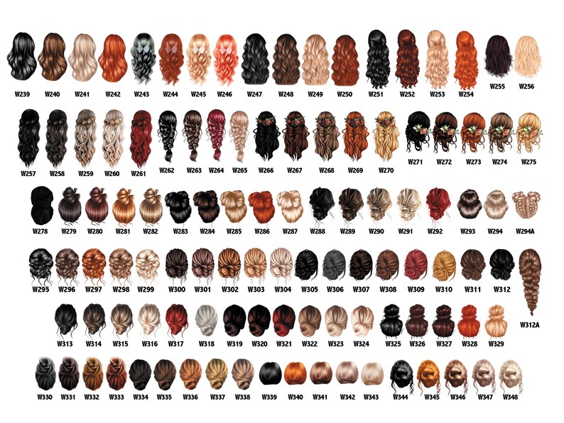 May include: A collection of illustrations of women's hairstyles, each with a unique color and style. The hairstyles range from long, flowing locks to intricate updos, with variations in color from black to blonde and red. Each style is labeled with a number.