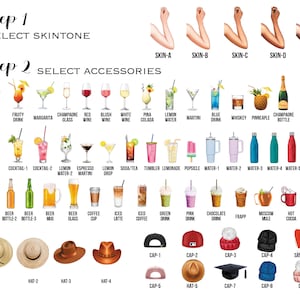 May include: An illustration with options for selecting skin tone and accessories. Accessories include drinks, bottles, hats, and a phone. Text includes "Step 1 Select Skintone" and "Step 2 Select Accessories."