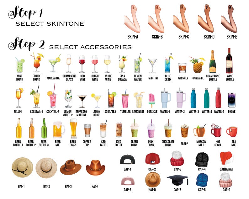 May include: An illustration with options for selecting skin tone and accessories. Accessories include drinks, bottles, hats, and a phone. Text includes "Step 1 Select Skintone" and "Step 2 Select Accessories."