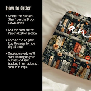 May include: A navy blue blanket with a bookshelf design featuring a variety of books, flowers, and greenery. The text "Wan" is visible in the upper right corner of the image.