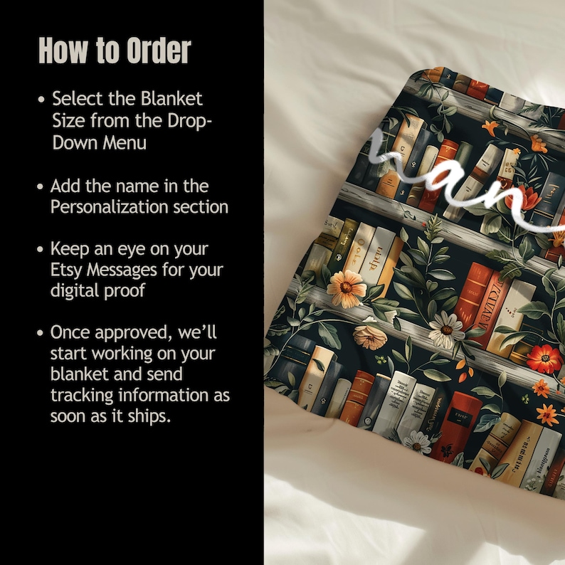 May include: A navy blue blanket with a bookshelf design featuring a variety of books, flowers, and greenery. The text "Wan" is visible in the upper right corner of the image.