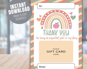 Teacher Gift Card Holder, Printable Teacher Appreciation, Personalized Teacher Thank You Card, Teacher Appreciation Card Printable Thank You