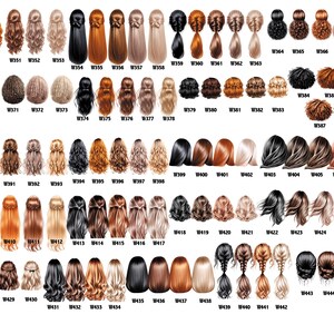 May include: A collection of illustrated hairstyles, each with a unique design and color. The image features various hair colors, including black, brown, blonde, and red, with styles ranging from braids to buns. Each style is labeled with a 'W' number.