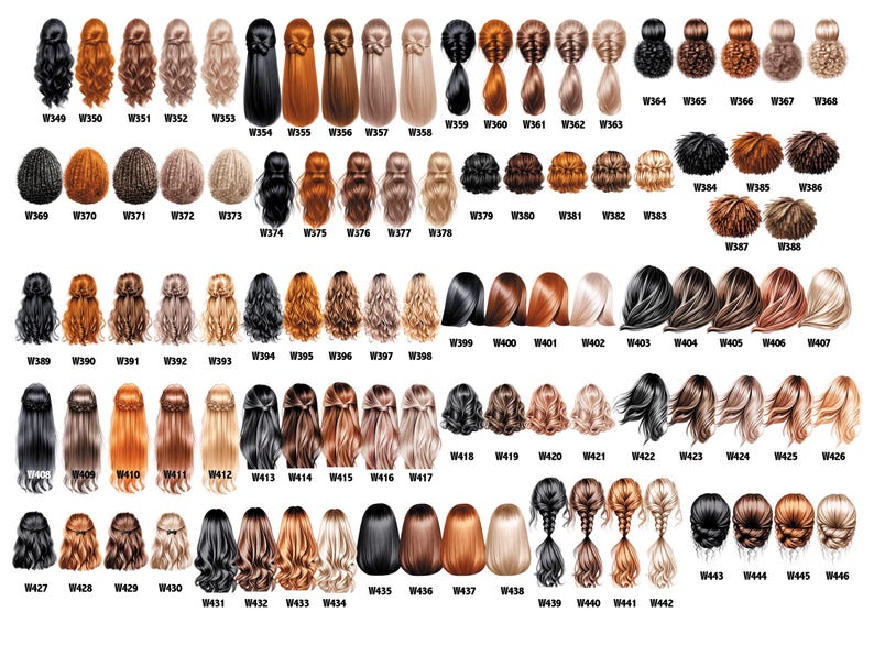 May include: A collection of illustrated hairstyles, each with a unique design and color. The image features various hair colors, including black, brown, blonde, and red, with styles ranging from braids to buns. Each style is labeled with a 'W' number.