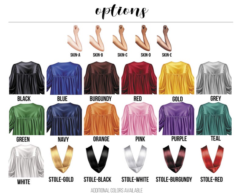 May include: An illustration showcasing graduation attire options. It features various colored graduation gowns in black, blue, burgundy, red, gold, grey, green, navy, orange, pink, purple, and teal. Matching stoles in gold, black, white, burgundy, and red are also displayed.