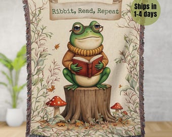 Gift for Book Lover, Personalized Frog Reading Blanket Custom Name Woven Tapestry Cottagecore Book Lover Gift Cozy Frog Throw Baby Shower
