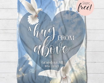 Personalized Memorial Blanket, Custom Blanket for Loss of Father or Mother, Hug from Above Sympathy and Condolence Dove Design Remembrance