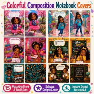May include: A collection of 15 digital composition notebook covers featuring illustrations of young people with diverse hairstyles and outfits. The designs include motivational text like Shine Bright, Be Bold, and Little Minds Big Dreams.