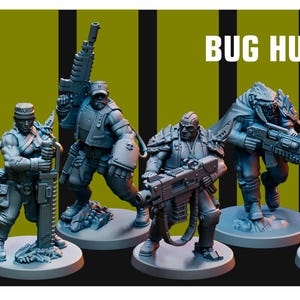 May include: A collection of grey miniature figures, likely for tabletop gaming, in dynamic poses, each holding weapons. The text "TUNNEL RATS BUG HUNTERS" is displayed in white against a green and black background.