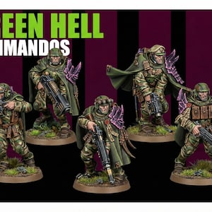 May include: Miniature figurines of Green Hell Commandos in camouflage uniforms, green capes, and helmets, holding rifles. The figures stand on small, round bases. The text "GREEN HELL COMMANDOS" is displayed in green letters.
