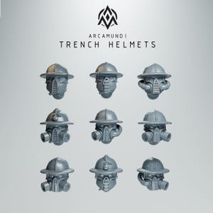 May include: A collection of nine grey miniature resin trench helmets with gas masks, arranged in a three-by-three grid. Each helmet features a wide brim and a unique respirator design. The text ARCAMUNDI TRENCH HELMETS is printed above.
