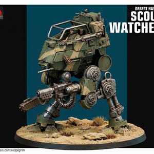 May include: A detailed miniature model of a Desert Hawks Scout Watcher, a military-style mech with a camouflage pattern. The model features a cockpit, a large gun, and mechanical legs, set on a desert-like base. The text "Desert Hawks Scout Watcher" is displayed.