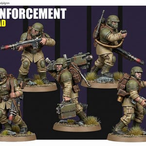 May include: Miniature figures of a reinforcement squad in military uniforms, helmets, and gear. The figures are painted in shades of green, tan, and brown, with weapons and equipment. The text "REINFORCEMENT SQUAD" is displayed at the top.