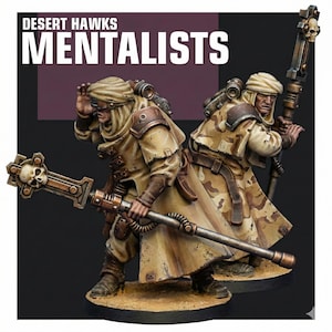 Peut inclure: Deux figurines miniatures de Desert Hawks Mentalists, vêtues de robes et de couvre-chefs beiges, se tiennent sur une surface sombre. L'une regarde devant elle, tandis que l'autre tient un bâton avec un crâne au sommet. Les figurines ont des accents de cuir marron et portent des sacs.