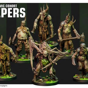 Peut inclure: Six figurines miniatures détaillées, les "Miasmic Cohort Lepers", dans diverses poses. Les figurines sont peintes dans des tons de vert, de marron et de beige, avec des traits grotesques et des armes. Fond vert foncé.