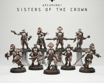 May include: A set of nine miniature warrior figures titled Arcamundi Sisters of the Crown. Each figure wears weathered white armor with red cross emblems, carrying various weapons including swords, maces, and shields, all mounted on circular bases.