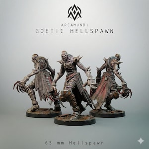 May include: Three detailed Goetic Hellspawn figurines, each approximately 63 mm tall, stand on circular bases. The figures are metallic with red and brown accents, featuring spiked armor, clawed hands, and a menacing appearance. The Arcamundi logo is at the top.