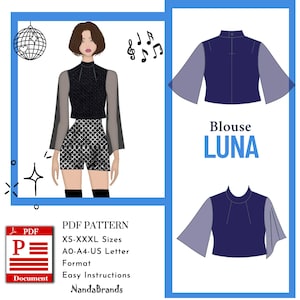 Molde de Costura em PDF para Blusa Luna - Feminina (XS-XXXL) A0/A4/CartaEUA - Guia para Iniciantes