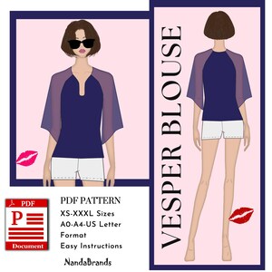 Molde de Blusa Vesper em PDF - Feminino (XS-XXXL) A0/A4/Carta - Guia para Iniciantes