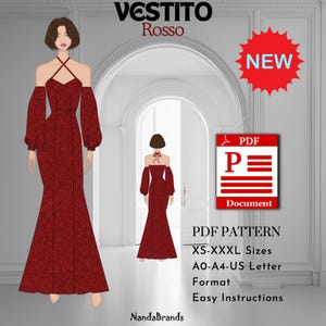 Patrón digital de vestido Vestito Rosso para mujer y niña, elegante y formal – Archivos PDF (A0, A4, Carta) con instrucciones sencillas