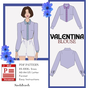 Molde de Costura em PDF para Blusa Valentina - Feminina (XS-XXXL) A0/A4/USLetter - Guia Fácil para Iniciantes