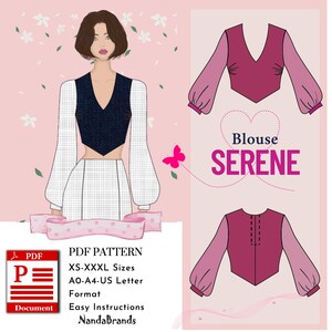 Patrón de costura en PDF para blusa Serene - Mujer (XS-XXXL) A0/A4/USLetter - Guía para principiantes