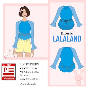 Molde de Costura em PDF para Blusa Lalaland - Feminina (XS-XXXL) A0/A4/CartaEUA - Guia para Iniciantes