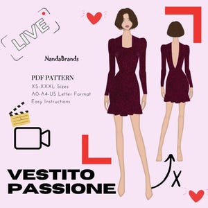 Patrón digital para vestido elegante de cóctel, mujer y niña, Vestito Passione – PDF (A0, A4, Carta) Instrucciones sencillas