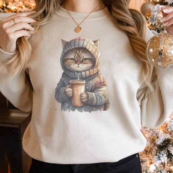 Adorable Kitten Holding a Coffee Cup Wearing a Sweater and Scarf Sweatshirt for Cat Lovers Millennial Cat Etsy