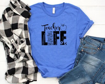 Teacher Life Tee - Teacher Life with Books, Apple, Ruler - Soft Bella Tee