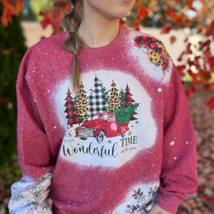 Bleached Vintage Christmas It's the Most Wonderful Time of the Year Sweatshirt with Red Truck Leopard and Plaid and Snowflake Sleeves image 2