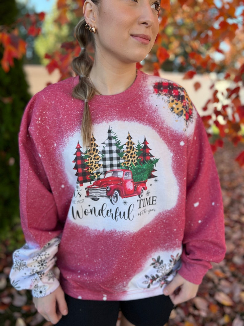 Bleached Vintage Christmas It's the Most Wonderful Time of the Year Sweatshirt with Red Truck Leopard and Plaid and Snowflake Sleeves image 2