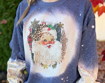 Bleached Vintage Christmas Santa Claus Sweatshirt with Leopard and Plaid and Snowflake Sleeves