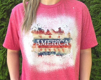 Bleached Out Tee - America Distressed with Red, White and Blue - Fourth of July Tee