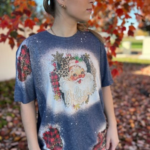 Bleached Vintage Christmas Santa Claus Sweatshirt with Leopard and Plaid and Snowflake Sleeves image 3