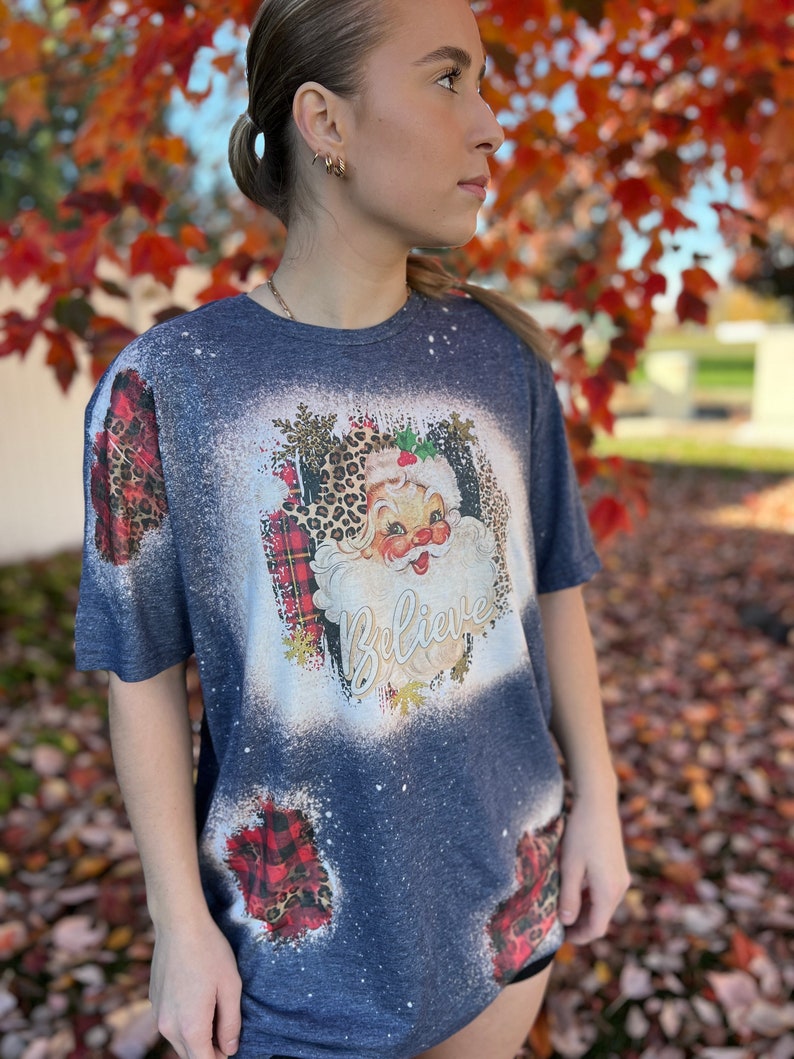 Bleached Vintage Christmas Santa Claus Sweatshirt with Leopard and Plaid and Snowflake Sleeves image 3