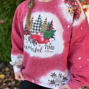 Bleached Vintage Christmas It's the Most Wonderful Time of the Year Sweatshirt with Red Truck Leopard and Plaid and Snowflake Sleeves image 3