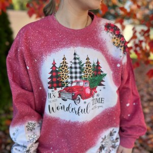 Bleached Vintage Christmas It's the Most Wonderful Time of the Year Sweatshirt with Red Truck Leopard and Plaid and Snowflake Sleeves image 1