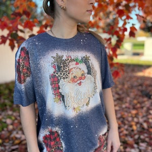 Bleached Vintage Christmas Santa Claus Sweatshirt with Leopard and Plaid and Snowflake Sleeves image 4