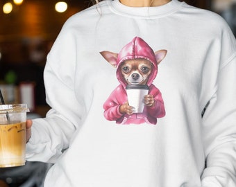 Adorable Chihuahua Sweatshirt / For Dog Lovers and Coffee Lovers / Millennial Dog Wearing a Hoodie and Holding a Cup of Coffee