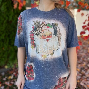 Bleached Vintage Christmas Santa Claus Sweatshirt with Leopard and Plaid and Snowflake Sleeves image 2