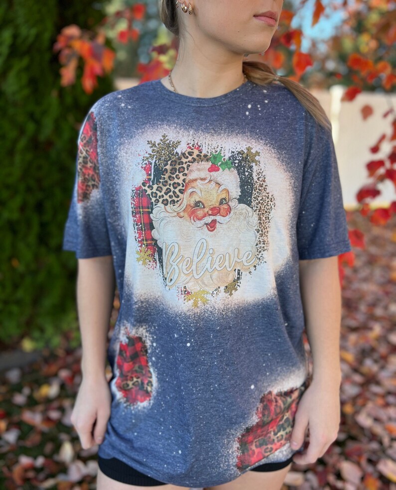 Bleached Vintage Christmas Santa Claus Sweatshirt with Leopard and Plaid and Snowflake Sleeves image 2