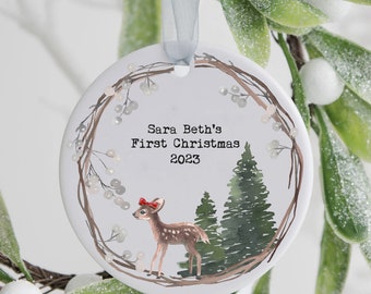 Personalized Sweet Girl Deer  Baby's First Christmas Ceramic Ornament