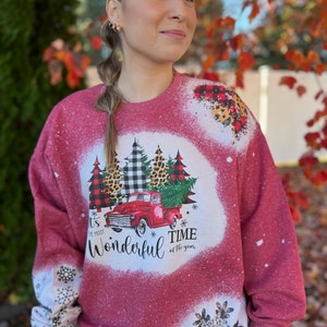 Bleached Vintage Christmas It's the Most Wonderful Time of the Year Sweatshirt with Red Truck Leopard and Plaid and Snowflake Sleeves image 4