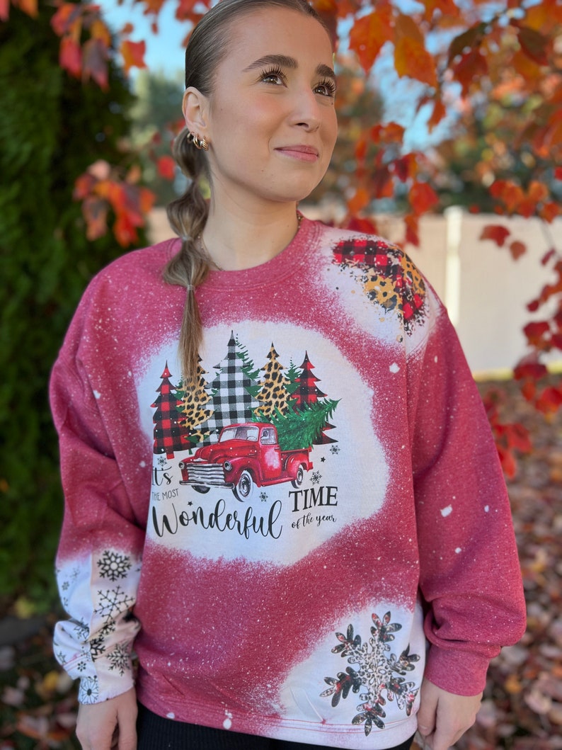 Bleached Vintage Christmas It's the Most Wonderful Time of the Year Sweatshirt with Red Truck Leopard and Plaid and Snowflake Sleeves image 4