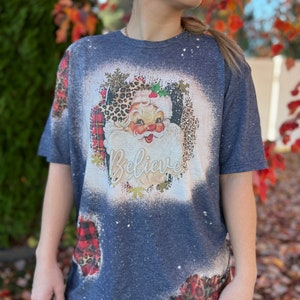 Bleached Vintage Christmas Santa Claus Sweatshirt with Leopard and Plaid and Snowflake Sleeves image 1