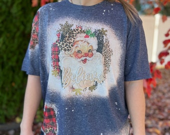 Bleached Vintage Christmas Santa Claus Sweatshirt with Leopard and Plaid and Snowflake Sleeves